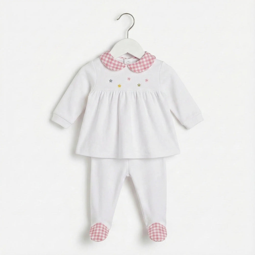 COMPLETINO IN JERSEY BIELASTICO CON DETTAGLI VICHY DA NEONATA LALALU' Lalalu