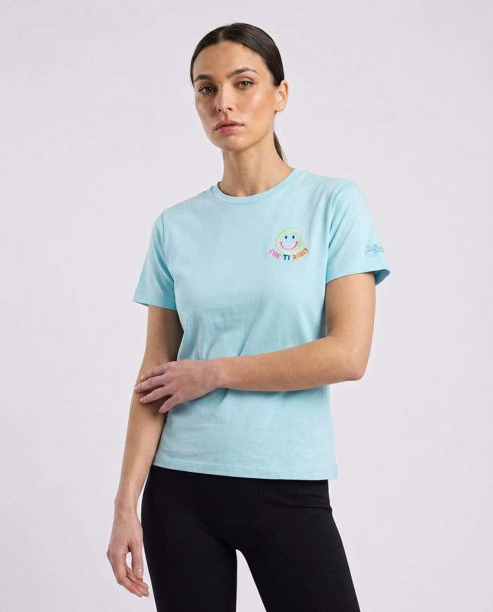 t shirt mc2 saint barth donna celeste con smiley scritta divertente che ti ridi?prezzo outlet