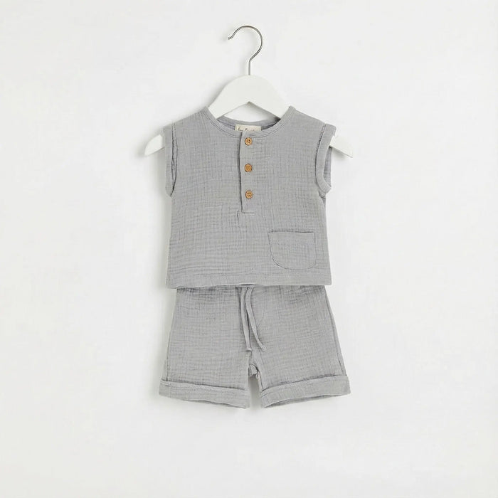 COMPLETO IN GARZA ECO CON MAGLIETTA E PANTALONCINI CON COULISEE DA NEONATO LALALU' Lalalu