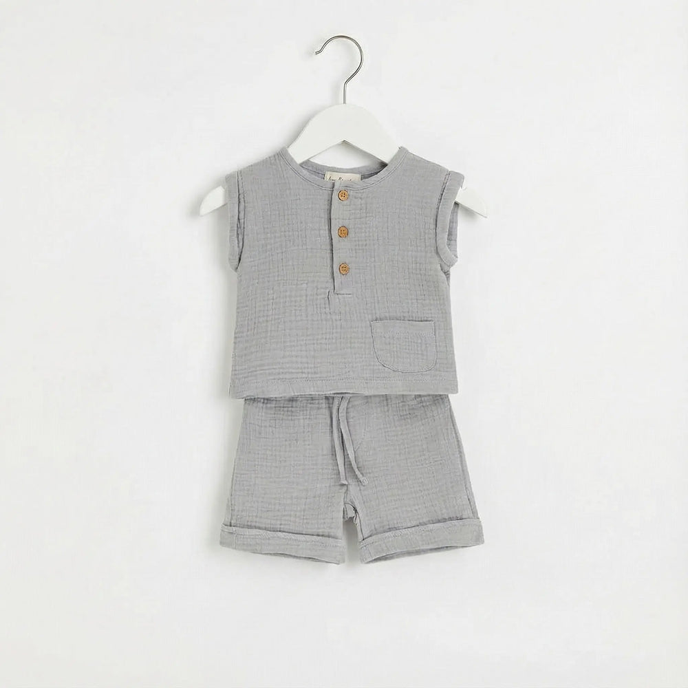 COMPLETO IN GARZA ECO CON MAGLIETTA E PANTALONCINI CON COULISEE DA NEONATO LALALU' Lalalu