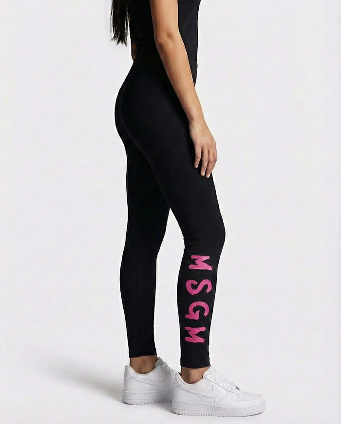 Leggings Msgm Donna | Nylon | Logo Fucsia | Nero | Outlet MSGM