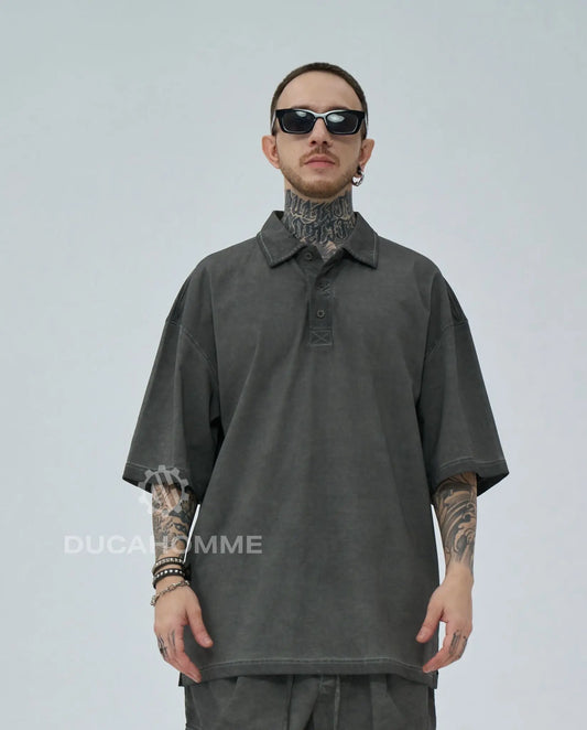 polo oversize grigio collo bottoni effetto lavato duca homme