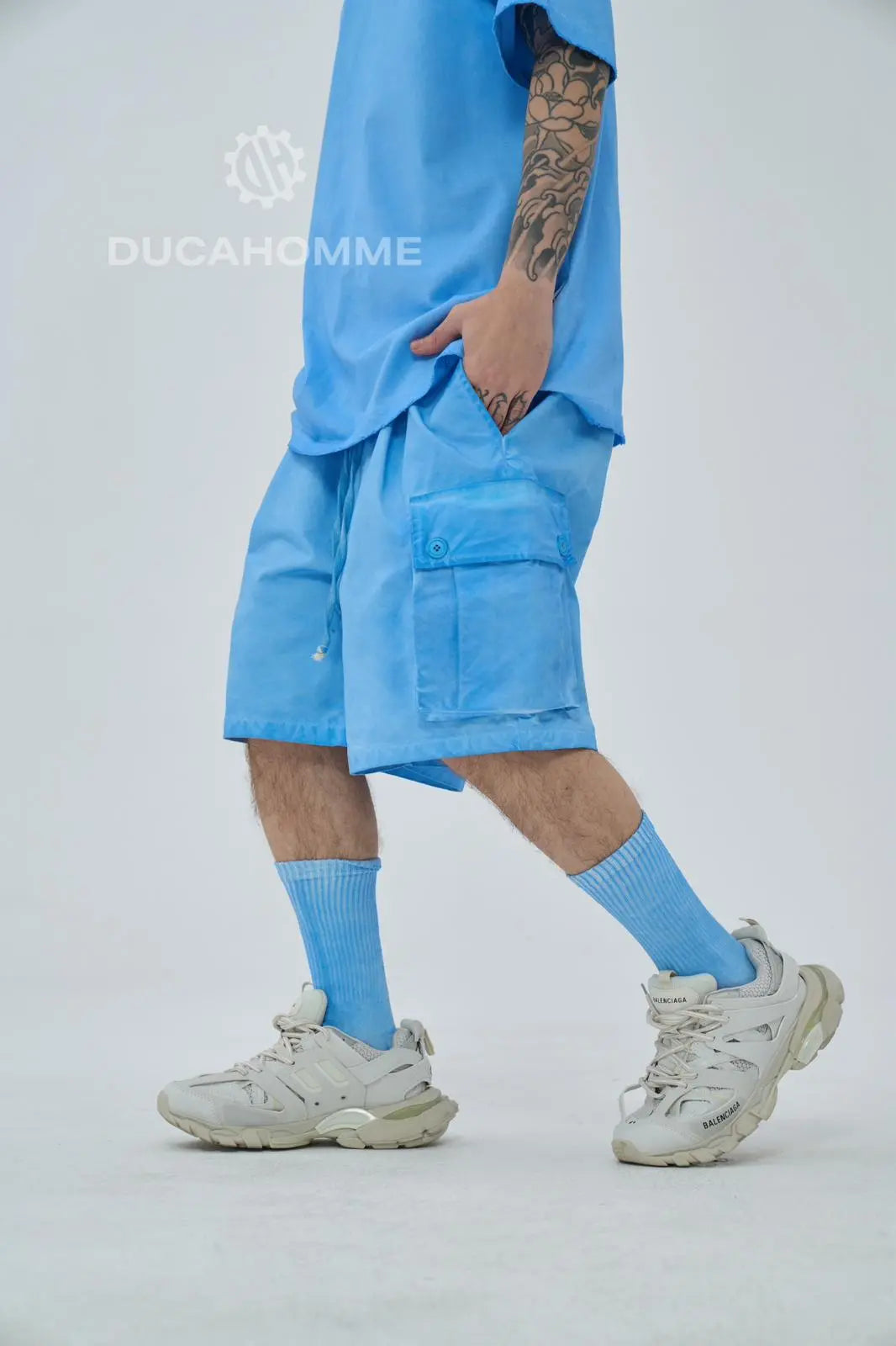 Pantaloncini Duca Homme Uomo | Bermuda Cargo | Effetto Slavato | Azzurro