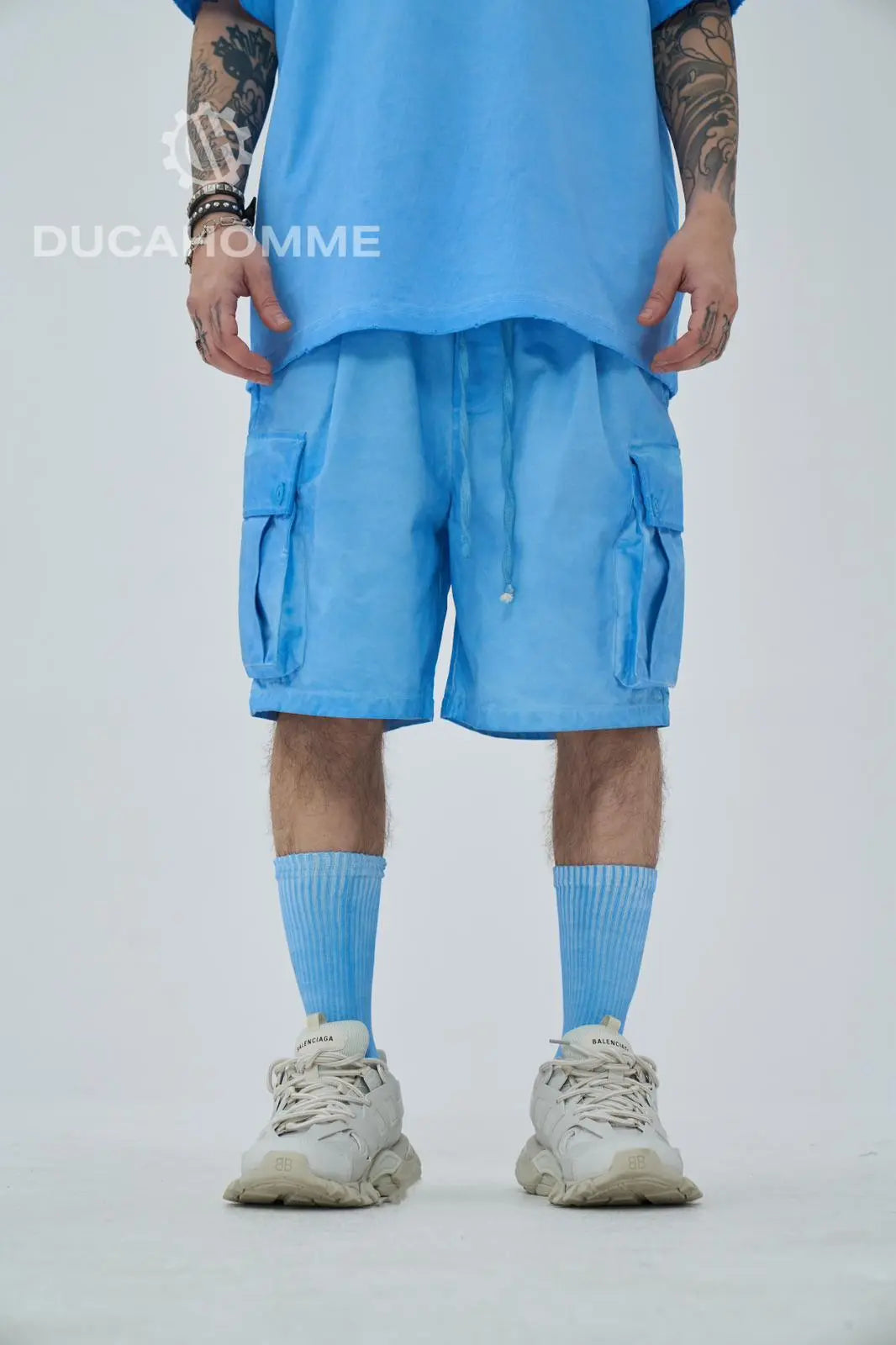 Pantaloncini Duca Homme Uomo | Bermuda Cargo | Effetto Slavato | Azzurro