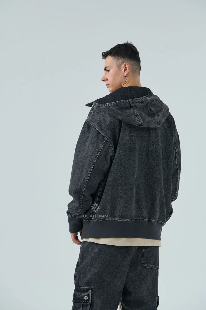 Felpa Duca Homme Uomo | Oversize | Zip Cappuccio | Effetto Jeans Nero Duca Homme