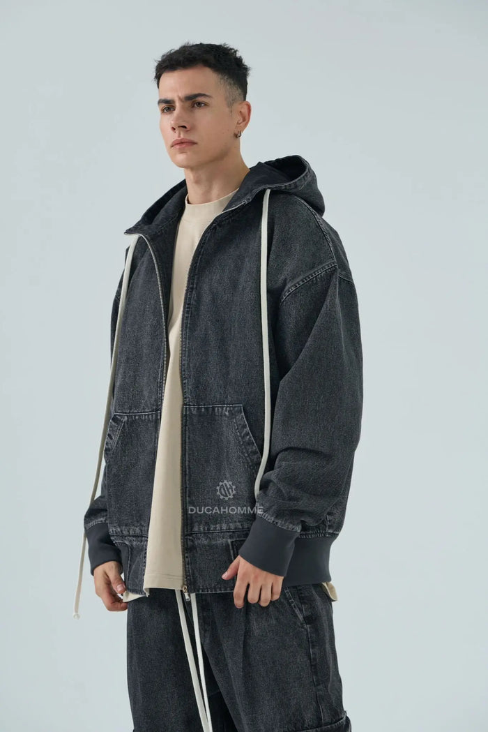 Felpa Duca Homme Uomo | Oversize | Zip Cappuccio | Effetto Jeans Nero Duca Homme