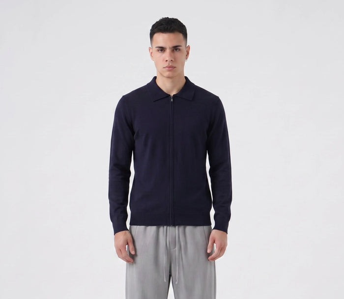 Polo Manica Lunga Full Zip Duca Homme blu per uomo, polo zip manica lunga, 70% viscosa, 25% poliammide elasticizzato