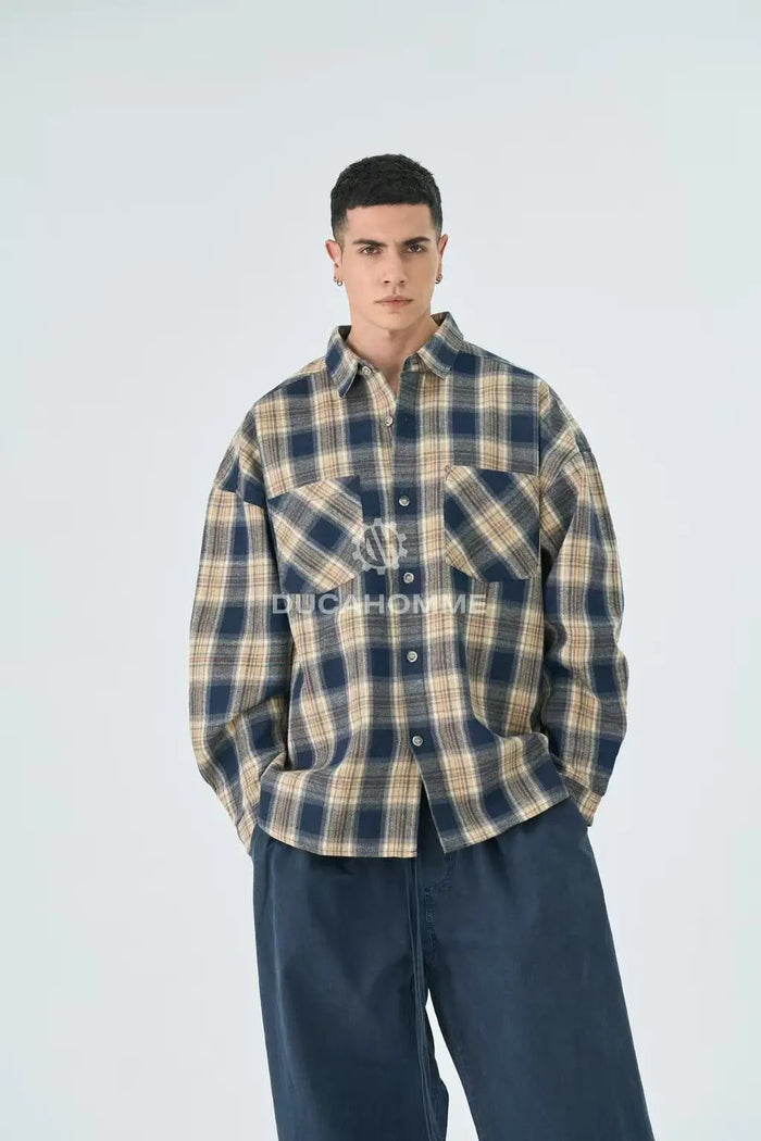 Camicia Duca Homme Uomo Blu a Quadri Oversize | Doppia Tasca Duca Homme