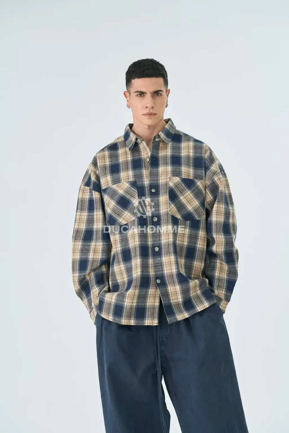 Camicia Duca Homme Uomo Blu a Quadri Oversize | Doppia Tasca Duca Homme