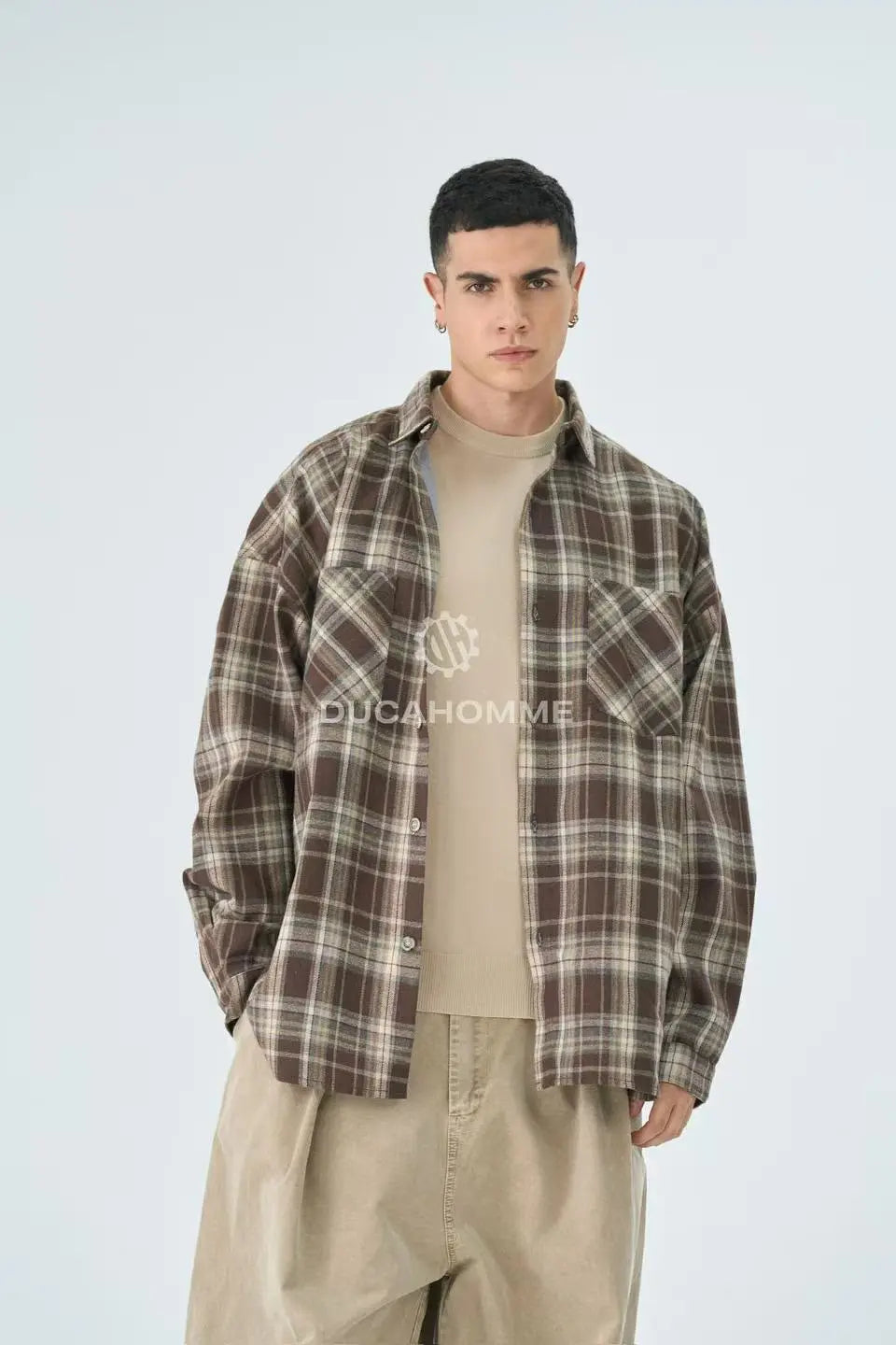 Camicia Duca Homme Uomo Marrone a Quadri Oversize | Doppia Tasca Duca Homme