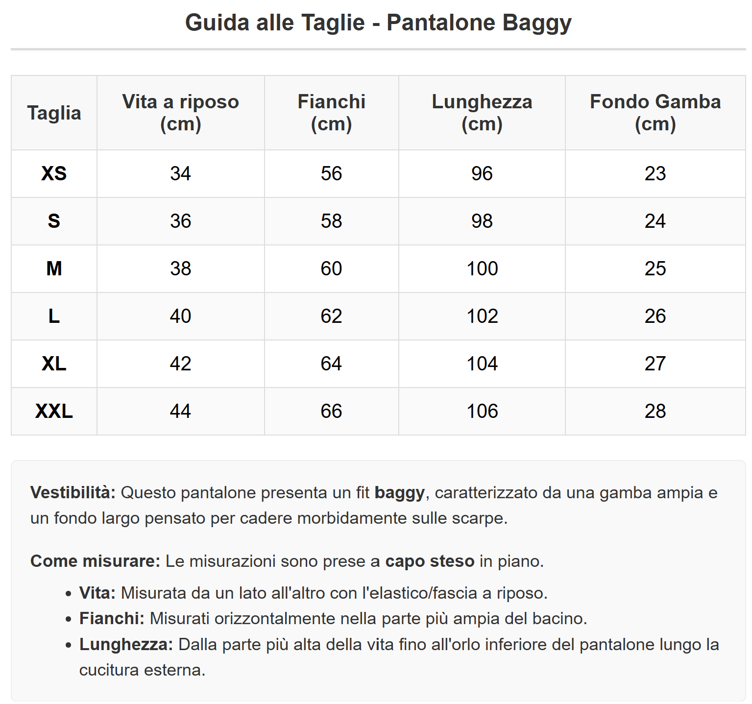 Guida alle Taglie