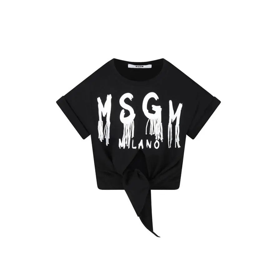 T Shirt Msgm Donna | Crop con Nodo | Logo Pendenti | Nero | Outlet MSGM