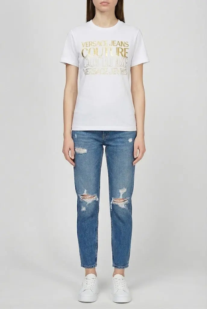 T Shirt Versace Jeans Couture Donna | Logo Oro | Bianco Versace Jeans