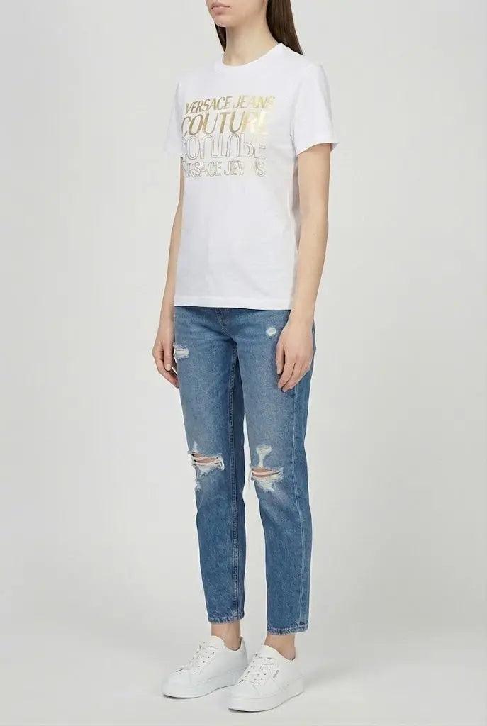 T Shirt Versace Jeans Couture Donna | Logo Oro | Bianco Versace Jeans