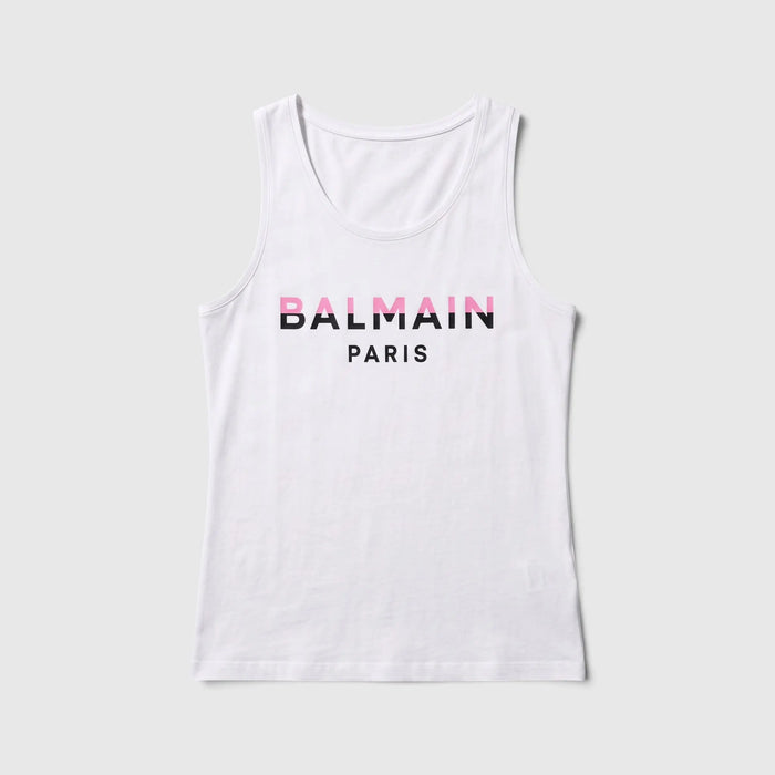 Maglietta Balmain Donna | Logo Rosa | Modello Canottiera | Bianco Balmain