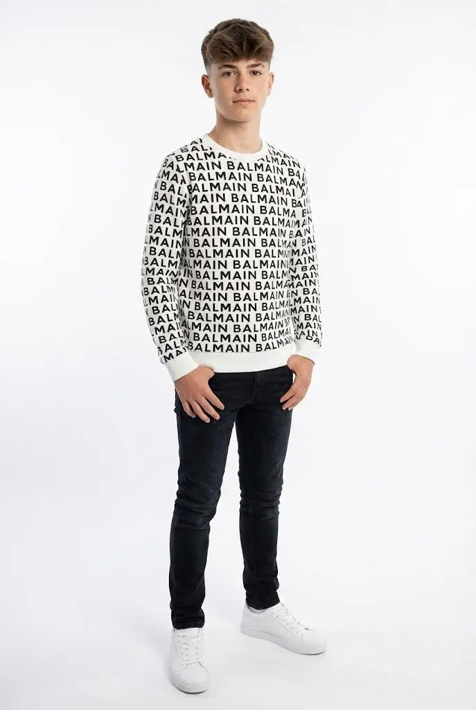 Felpa Balmain | Logo All Over | Bianco Balmain