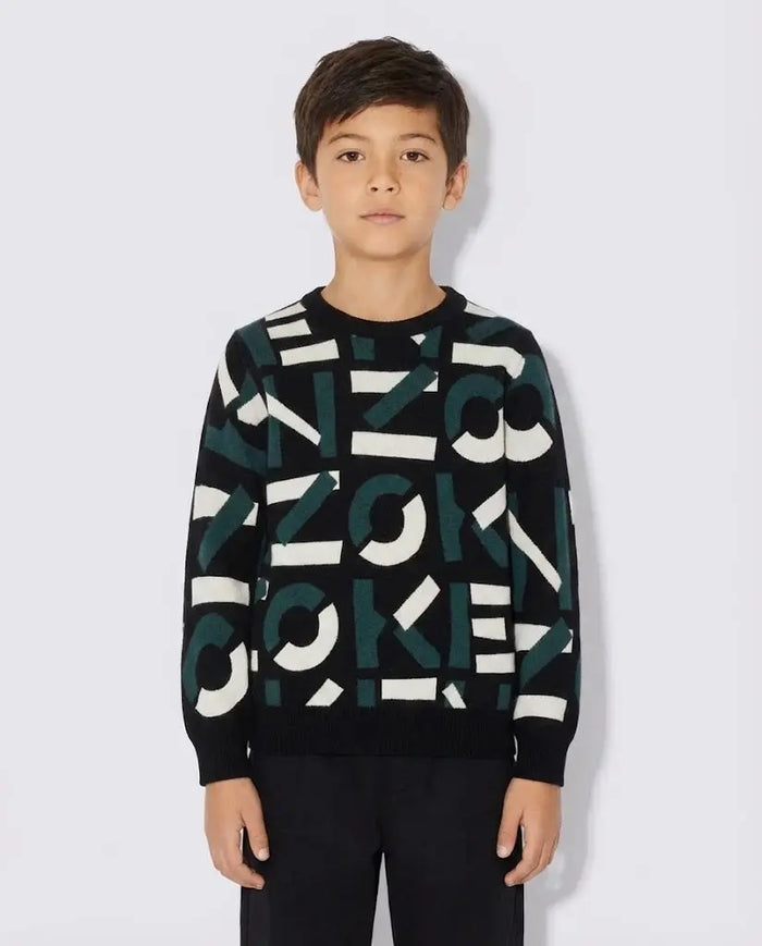 Kenzo Bambino | Maglia in Lana con Logo All Over | Nero | Outlet Kenzo