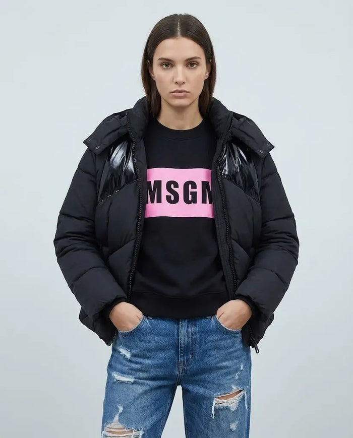 Piumino Msgm Donna | Giubbotto in Nylon | Logo Cappuccio | Nero | Outlet MSGM