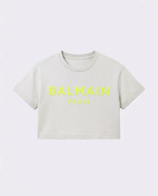 T Shirt Balmain | Logo Fluo | Modello Crop | Bianco Balmain