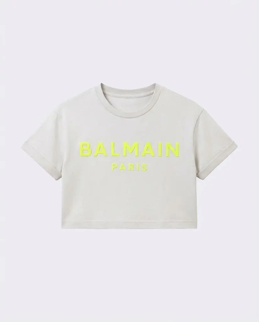 T Shirt Balmain | Logo Fluo | Modello Crop | Bianco Balmain