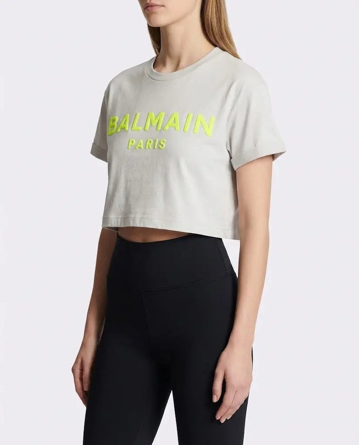 T Shirt Balmain | Logo Fluo | Modello Crop | Bianco Balmain