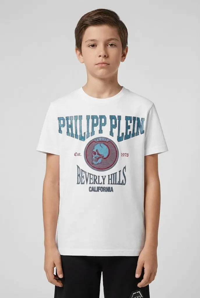 T Shirt Philipp Plein | Logo Brillantini Teschio | Bianco Philipp Plein