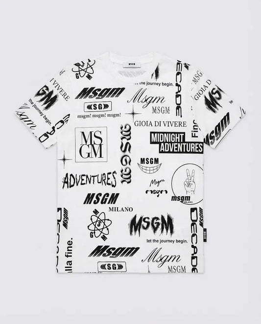 T Shirt Msgm | Modello Unisex | Girocollo con Logo All Over | Bianco | Outlet MSGM