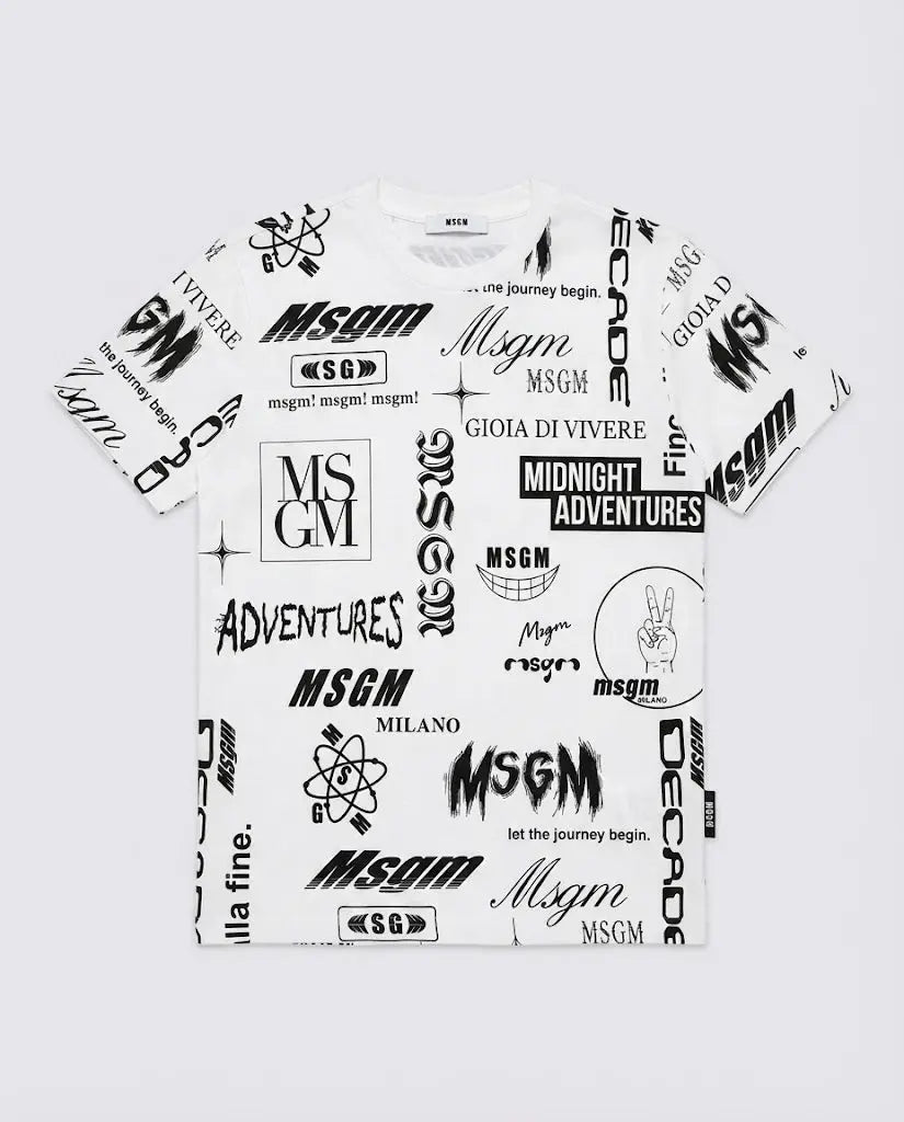 T Shirt Msgm | Modello Unisex | Girocollo con Logo All Over | Bianco | Outlet MSGM