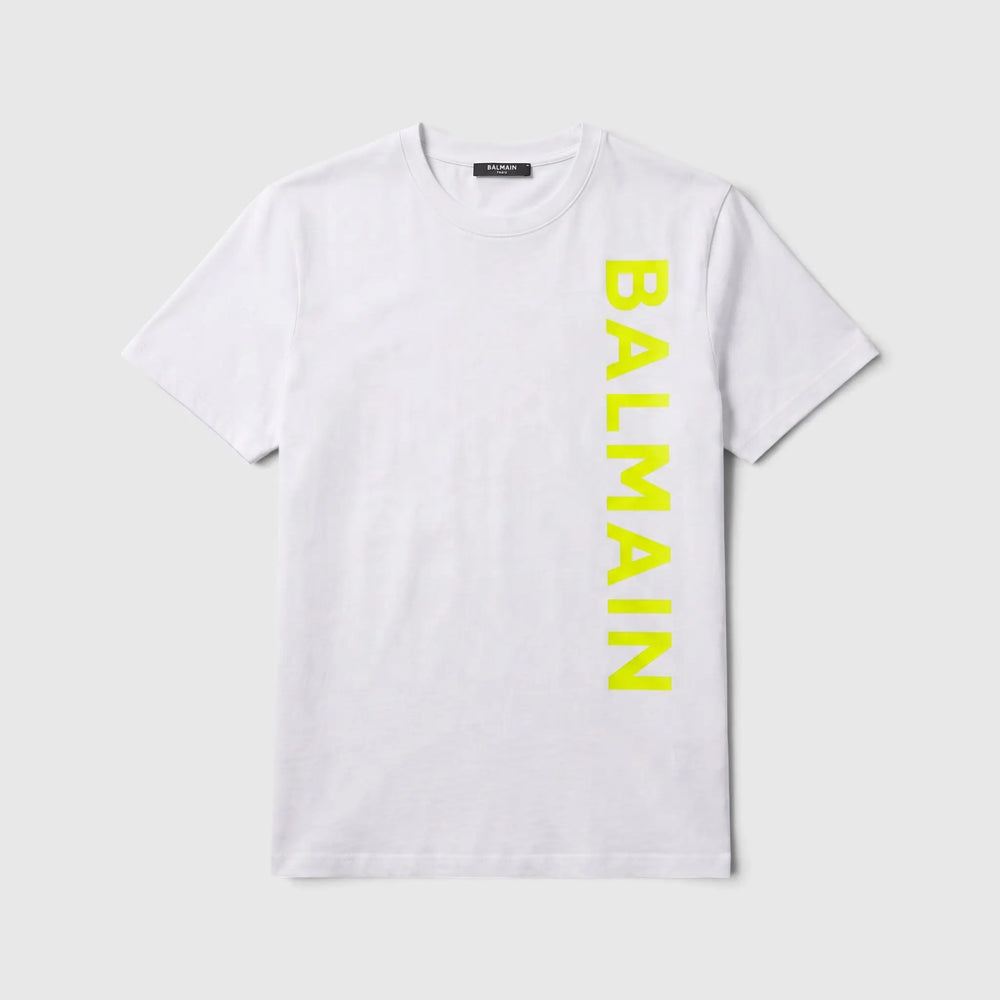 T Shirt Balmain | Logo Verticale Fluo | Bianco Balmain