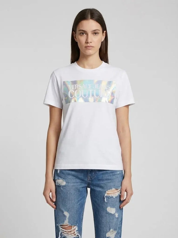 T Shirt Versace Jeans Couture Donna | Logo Glitter | Bianco Versace Jeans
