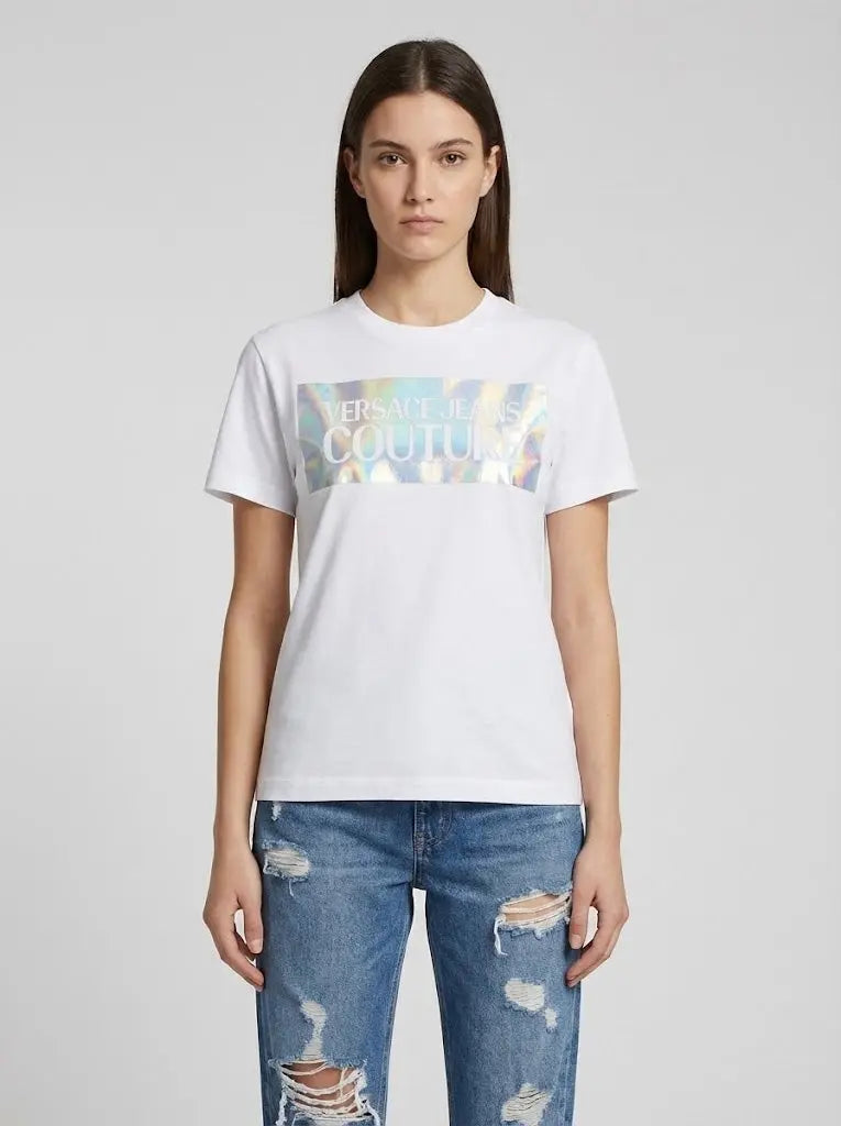 T Shirt Versace Jeans Couture Donna | Logo Glitter | Bianco Versace Jeans