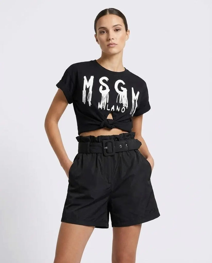 T Shirt Msgm Donna | Crop con Nodo | Logo Pendenti | Nero | Outlet MSGM