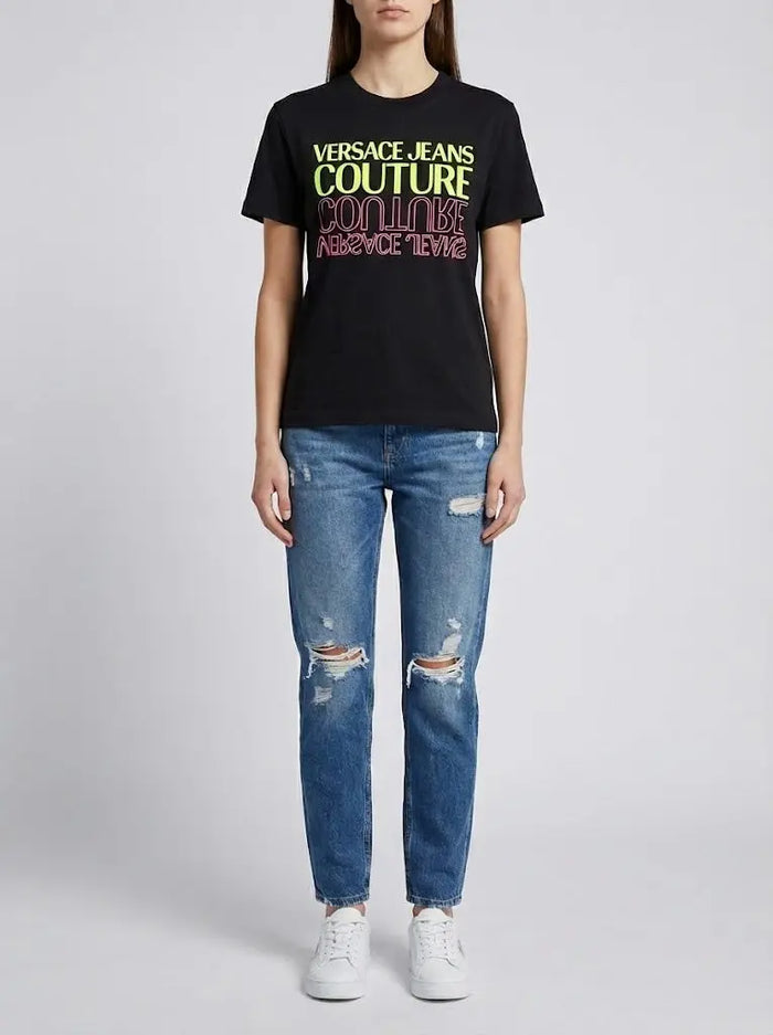 T Shirt Versace Jeans Couture Donna | Logo Fluo | Nero Versace Jeans