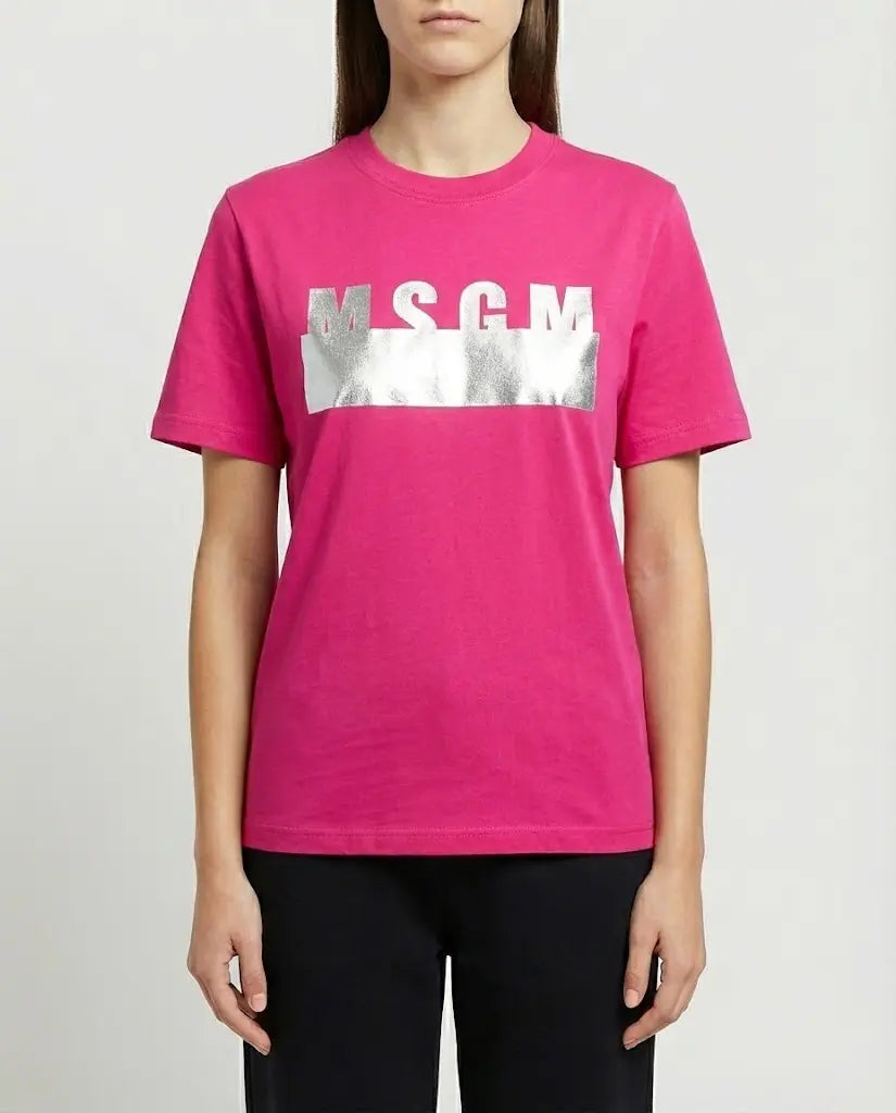 T Shirt Msgm | Modello Unisex | Logo Argento | Fucsia | Outlet MSGM