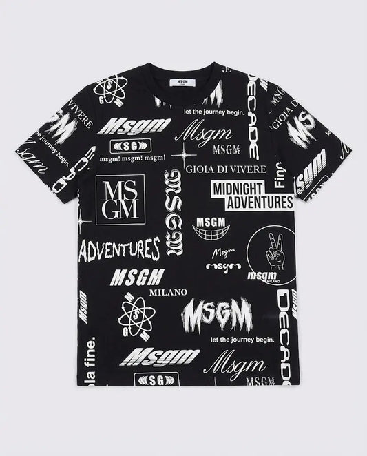 T Shirt Msgm | Modello Unisex | Girocollo con Logo All Over | Nero | Outlet MSGM