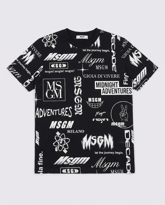 T Shirt Msgm | Modello Unisex | Girocollo con Logo All Over | Nero | Outlet MSGM