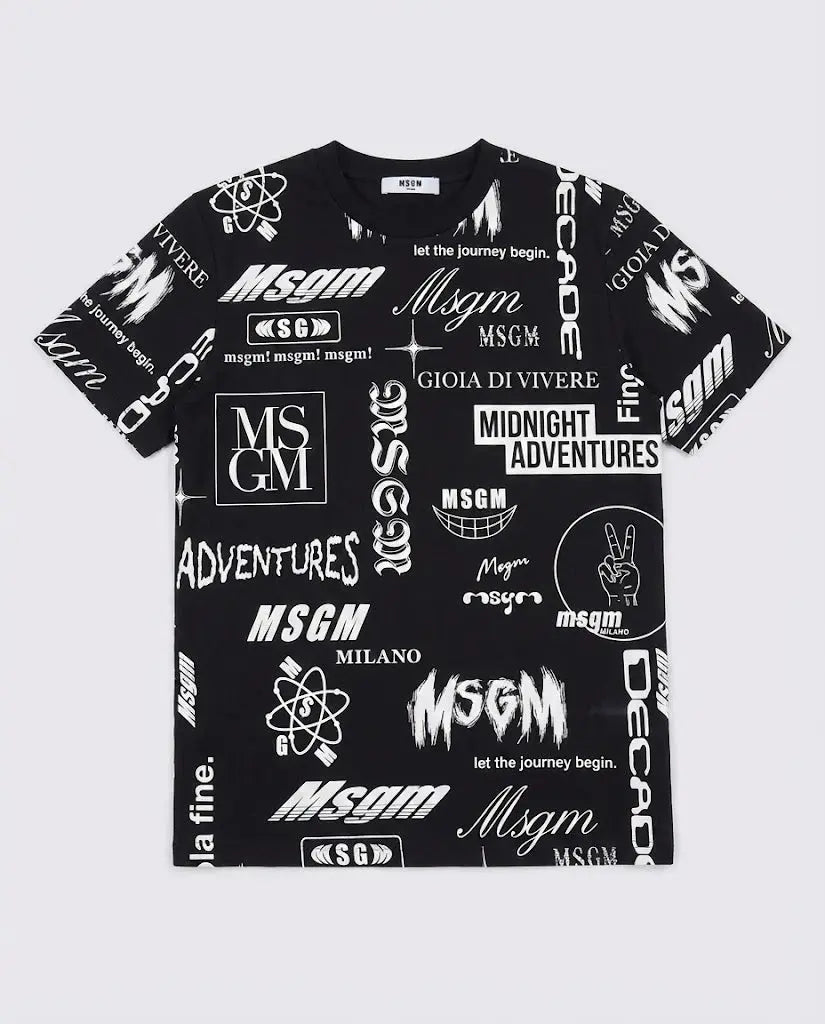 T Shirt Msgm | Modello Unisex | Girocollo con Logo All Over | Nero | Outlet MSGM