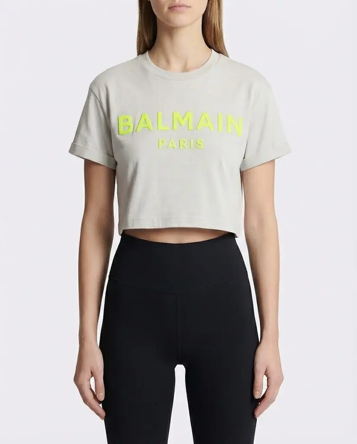 T Shirt Balmain | Logo Fluo | Modello Crop | Bianco Balmain