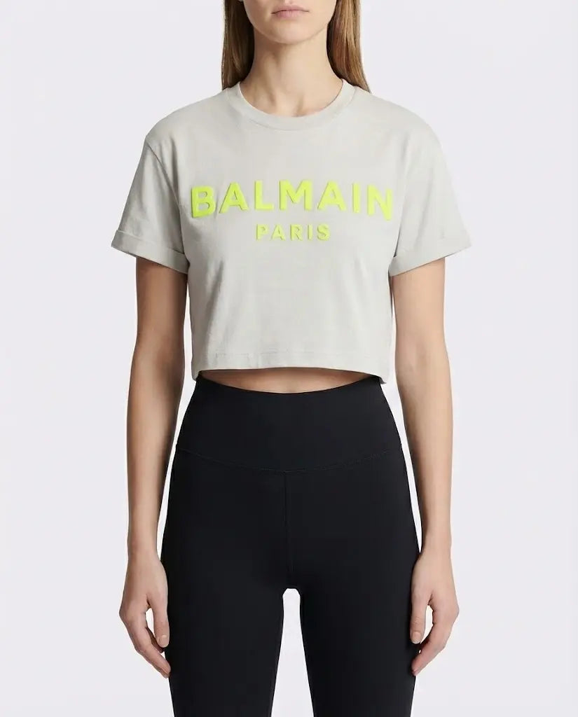 T Shirt Balmain | Logo Fluo | Modello Crop | Bianco Balmain