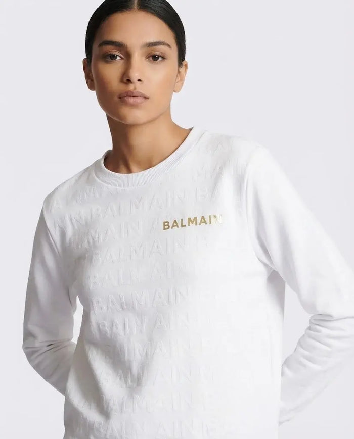 Felpa Balmain | Logo All Over Oro | Bianco Balmain