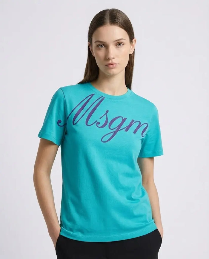 T Shirt Msgm Donna | Logo Firma in Velluto | Tiffany | Outlet MSGM