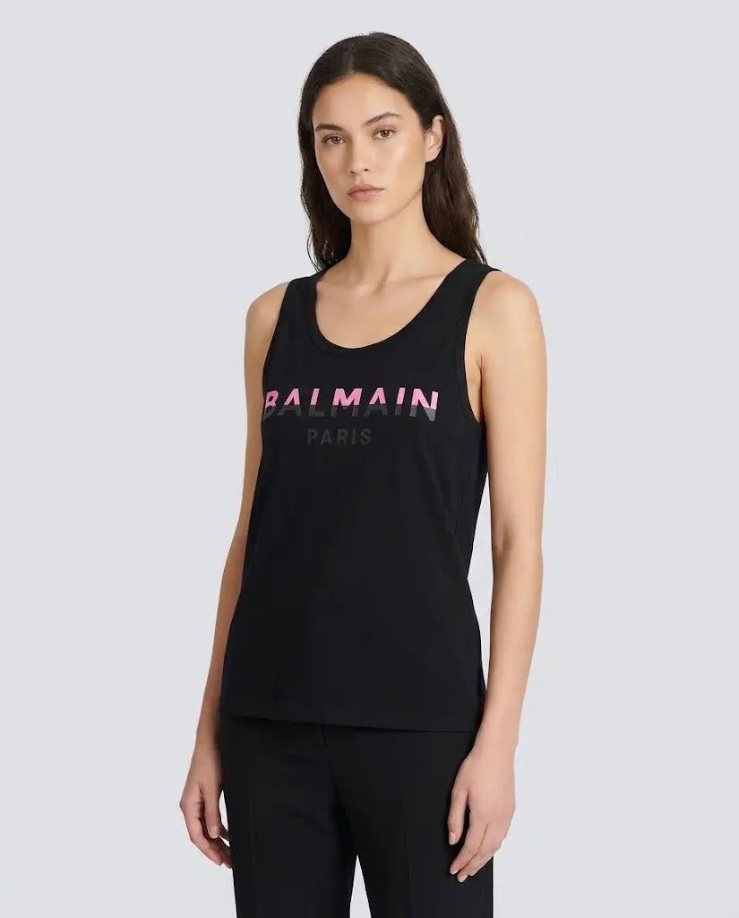Maglietta Balmain Donna | Logo Rosa | Modello Canottiera | Nero Balmain