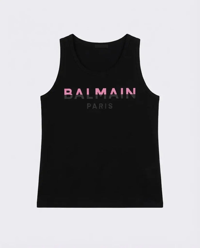 Maglietta Balmain Donna | Logo Rosa | Modello Canottiera | Nero Balmain