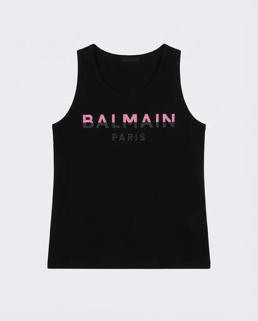 Maglietta Balmain Donna | Logo Rosa | Modello Canottiera | Nero Balmain