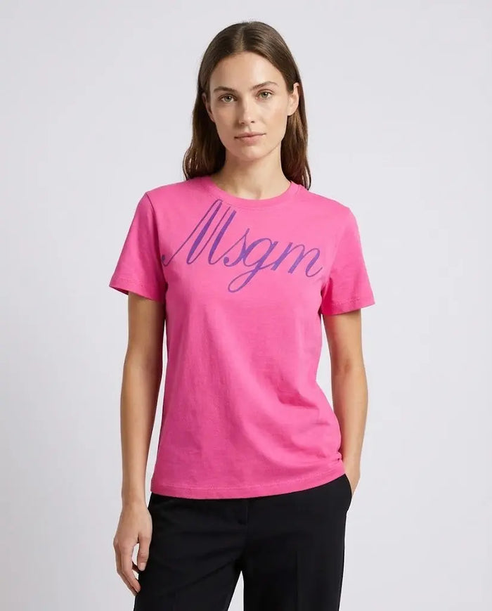 T Shirt Msgm Donna | Logo Firma in Velluto | Fucsia | Outlet MSGM
