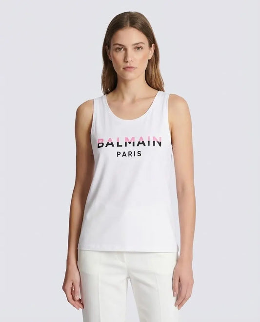 Maglietta Balmain Donna | Logo Rosa | Modello Canottiera | Bianco Balmain