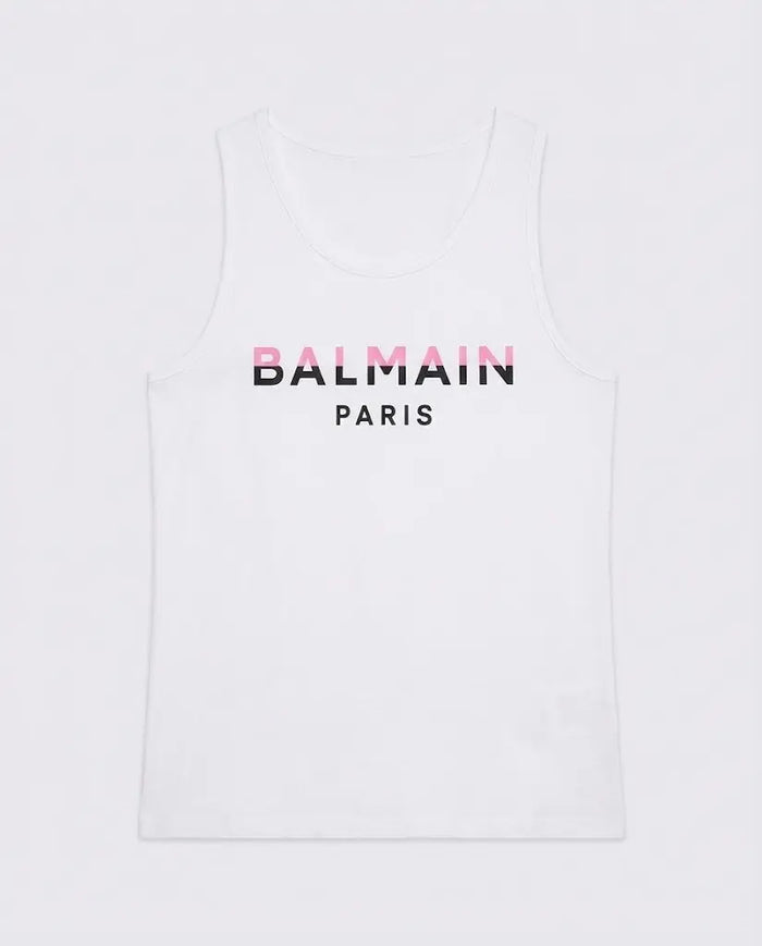 Maglietta Balmain Donna | Logo Rosa | Modello Canottiera | Bianco Balmain