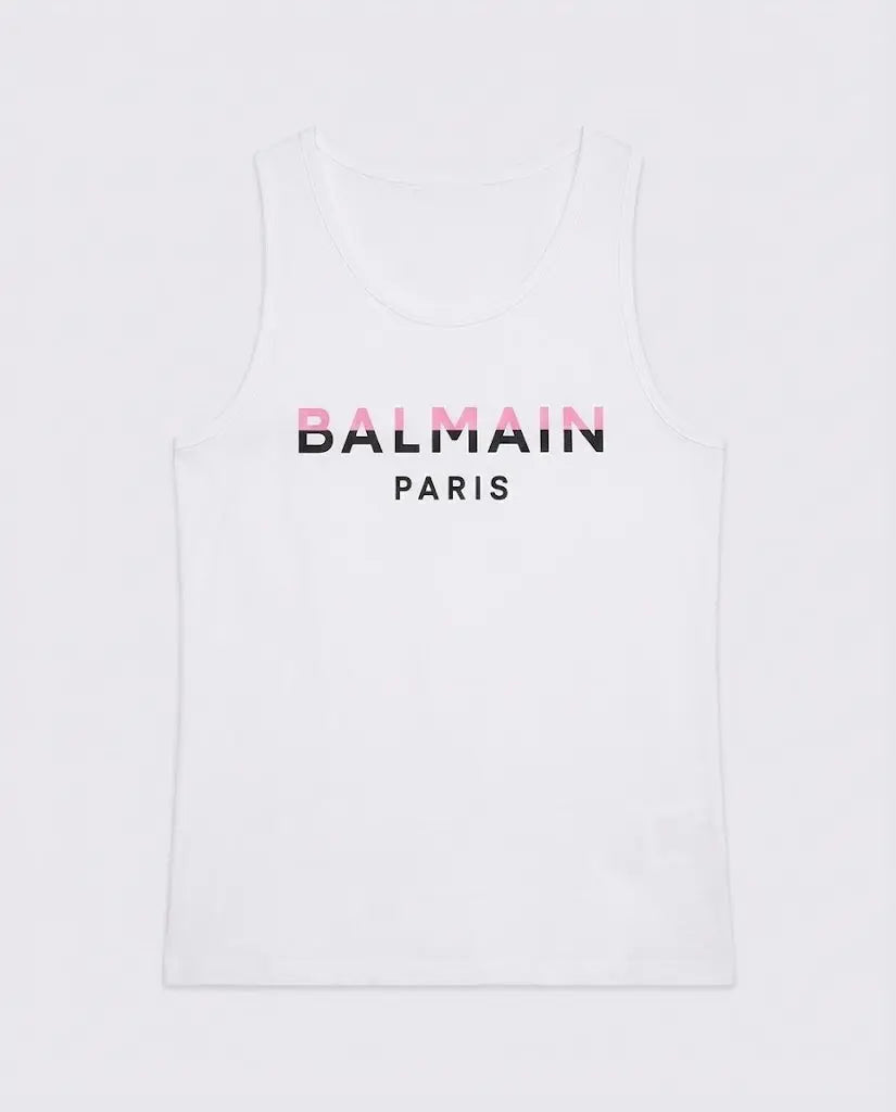Maglietta Balmain Donna | Logo Rosa | Modello Canottiera | Bianco Balmain