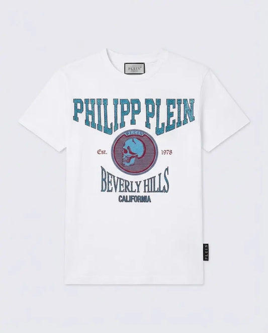 T Shirt Philipp Plein | Logo Brillantini Teschio | Bianco Philipp Plein