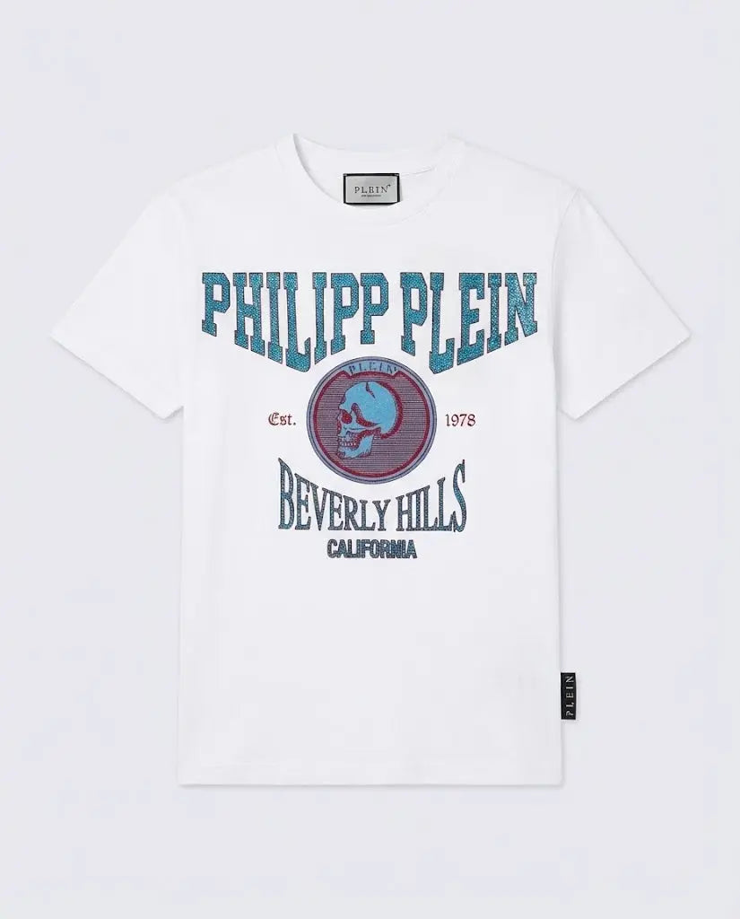 T Shirt Philipp Plein | Logo Brillantini Teschio | Bianco Philipp Plein